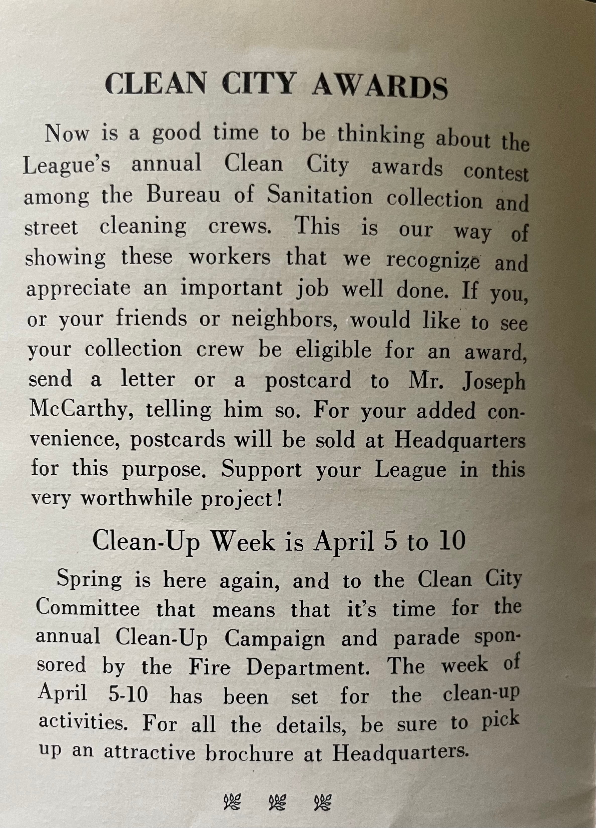 Historical Women's Civic League newsletter page announcing the Clean City Awards and Clean-Up Week, April 5–10